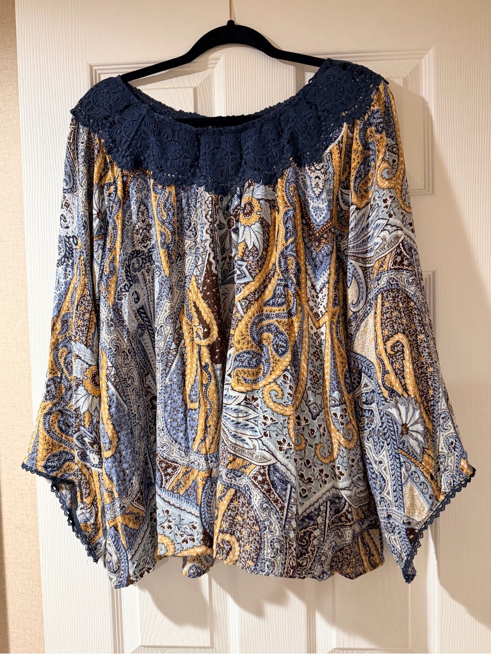 ONE WORLD Navy Crochet Yoke Paisley Boho Blouse with Mustard Accents